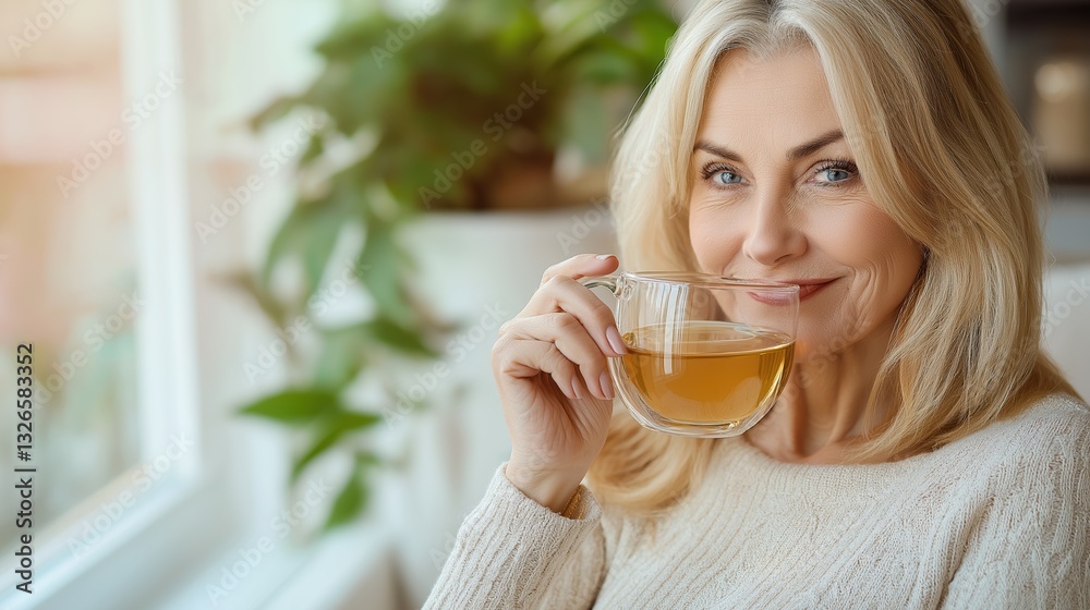Smiling woman enjoying tea in cozy indoor setting Smiling woman enjoying tea in cozy indoor setting