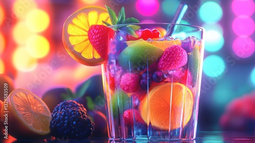 A colorful cocktail garnished with fresh fruits, captured in high detail against a blurred neon-lit bar background. digital