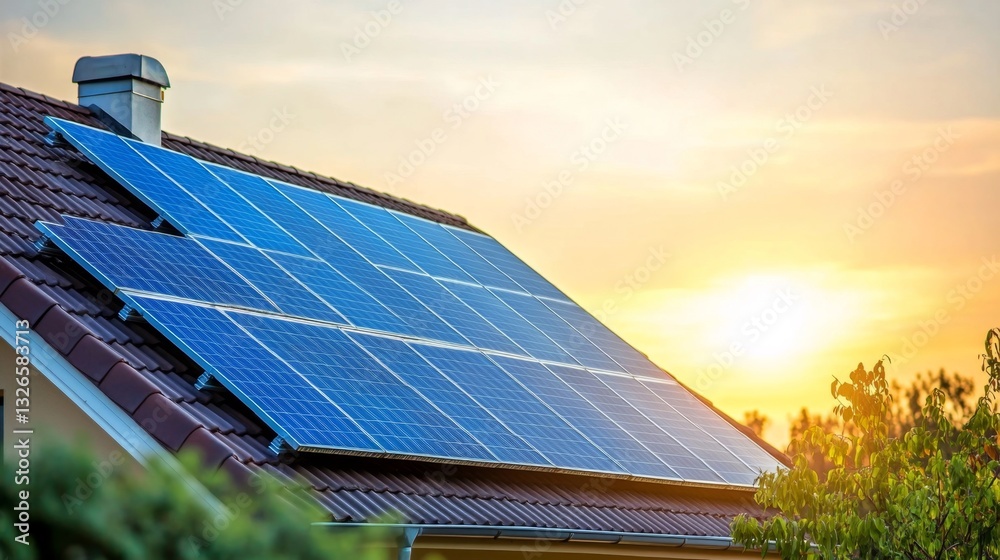 Obraz premium Modern house with blue solar panels under warm sunset, blending sustainability with serene beauty.