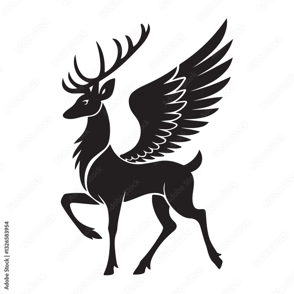 Fototapeta premium Deer with wings silhouette vector illustration on white background