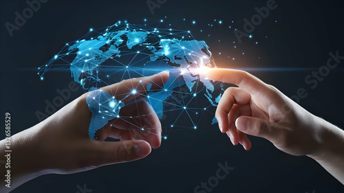 Hand holding the world map with global connections and digital technology