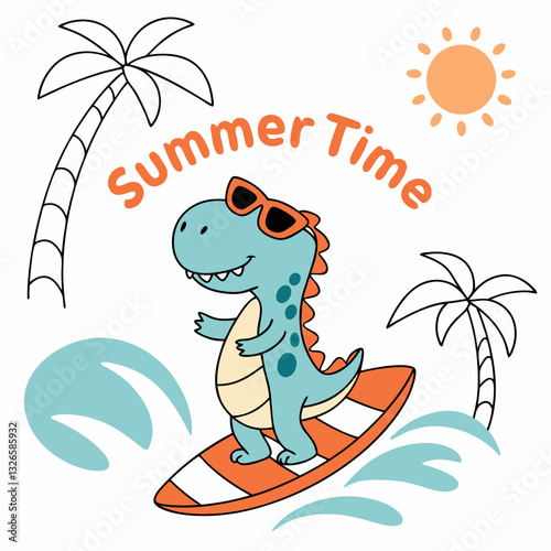 Summer Time Funny Dinosaur Surfing Cartoon T-Shirt Design for Kids Beach Fun