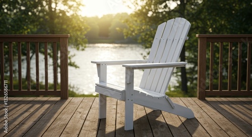 Adirondack Chair on Deck Overlooking Lake - White adirondack chair sits on a wooden deck overlooking a calm lake at sunset. Relaxing outdoor scene