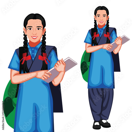 Young Indian School Girl in Uniform Standing Character Vector Illustration