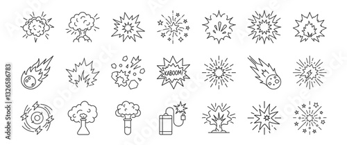 Explosion, blast line icon set. Vector pictograms of burst, detonation impact, fireball, shockwave, meteor, chemical explosion thin linear illustration.
