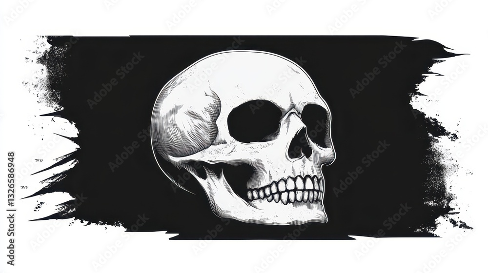 Fototapeta premium A detailed illustration of a human skull is centered against a stark black background. Artistic brush strokes in white create an intriguing contrast, emphasizing the skull's features