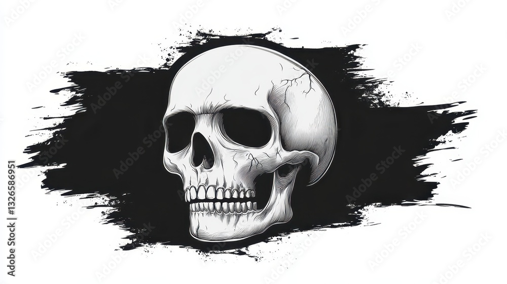 Fototapeta premium A human skull is prominently illustrated with intricate detailing, showcasing its structure and textures against a dark, contrasting backdrop, evoking a sense of depth and realism