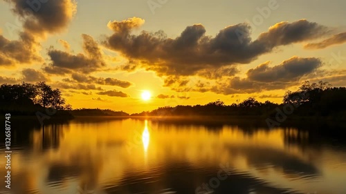 Golden Sunset Over a Serene River with Misty Reflections and Soft Clouds in a Peaceful Natural Landscape