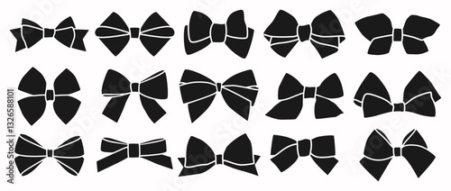 Set of simple hand drawn icons, decorative holiday ribbon bows for gift, present, decorate on white background. Bow silhouette for wrapping for birthday, Christmas, wedding. Isolated Flat Vector EPS10