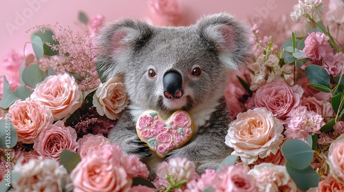 Adorable Koala Bear Holding Heart-Shaped Cookie Surrounded by Delicate Pink Roses and Flowers for Valentine's Day photo