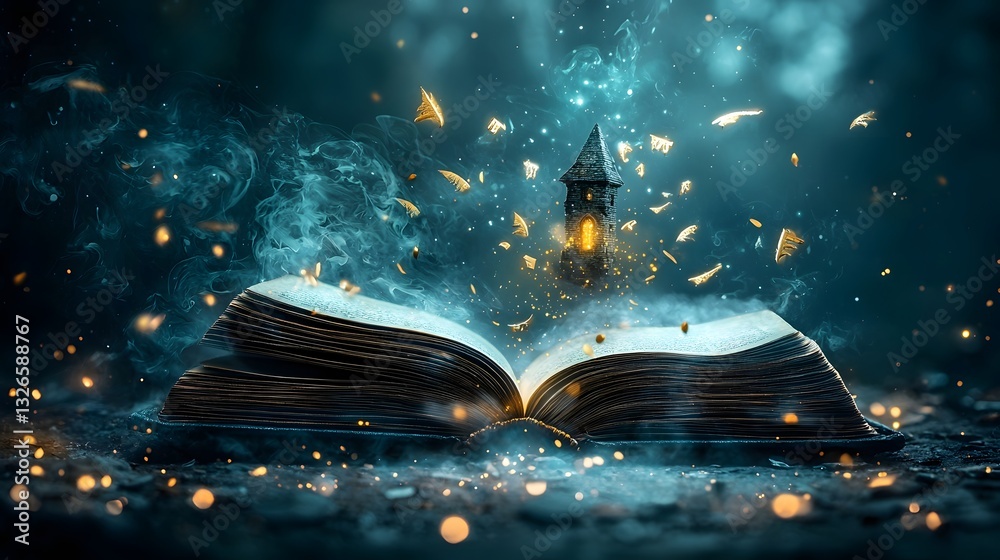 Obraz premium A captivating image of an open book revealing a wizard s tower emerging from its pages surrounded by a misty otherworldly realm filled with floating spells glowing runes and magical creatures