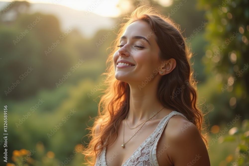 Naklejka premium Warm sunlight bathes a smiling woman outdoors