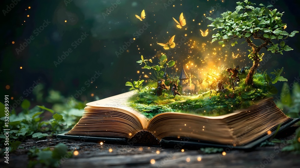 Fototapeta premium A whimsical and enchanting scene of a fairy tale kingdom emerging from the pages of a book resting in a peaceful meadow complete with tiny knights enchanted forests and magical animals