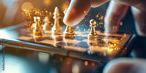 Business Strategy with hand holds a smartphone Concept. Modern Digital Chess Game with Golden Highlights