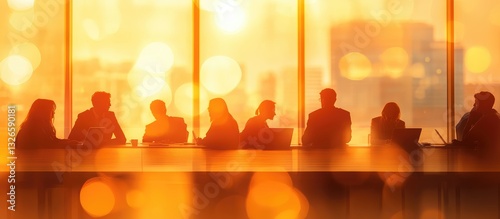A group of business people meeting around a large glass table, the scene is lit by soft contour lighting and global illumination, perfect for corporate advertising or social media post design