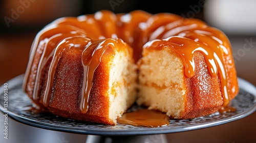 Delicious golden brown bundt cake with creamy caramel glaze and soft fluffy interior showcased elegantly