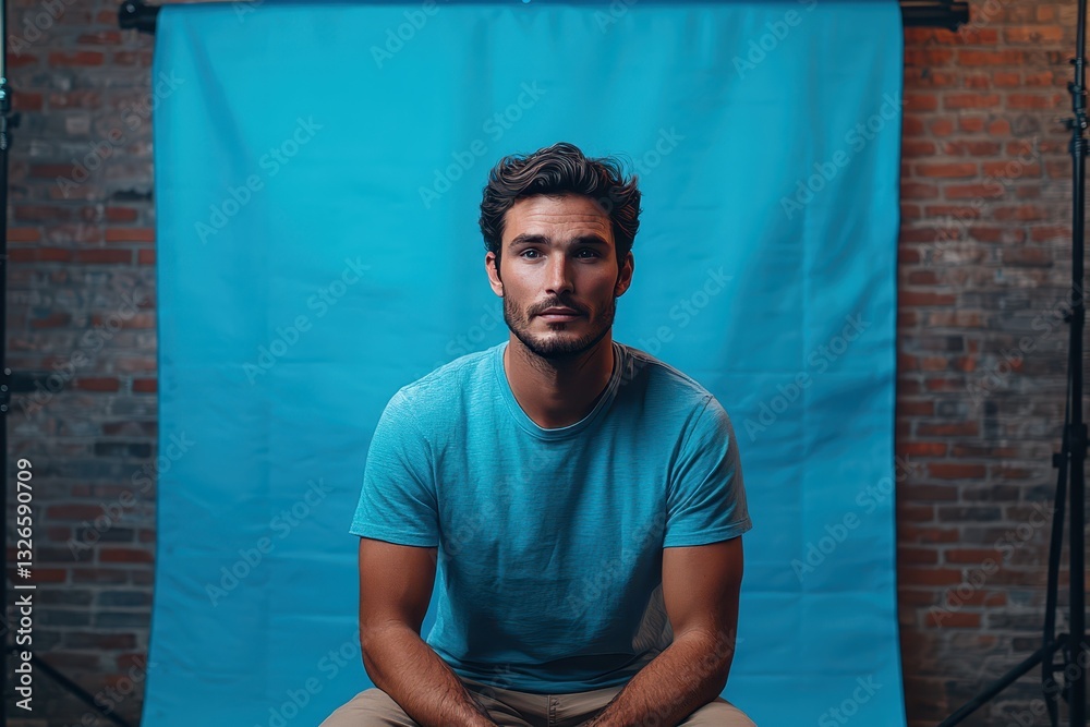 A young man with a serious expression sits on a stool, wearing a blue shirt. The studio is adorned with a striking blue backdrop and exposed brick walls, creating an artistic atmosphere A young man with a serious expression sits on a stool, wearing a blue shirt. The studio is adorned with a striking blue backdrop and exposed brick walls, creating an artistic atmosphere