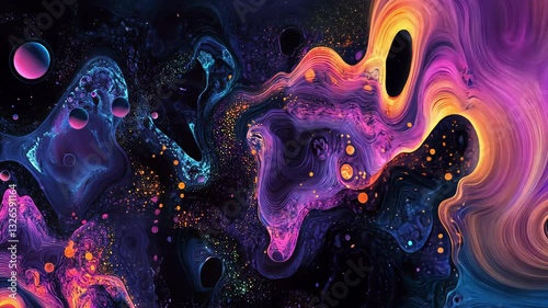 Vibrant Cosmic Abstract Art with Neon Swirls, Fluid Patterns, and Galactic Elements in a Futuristic Digital Universe