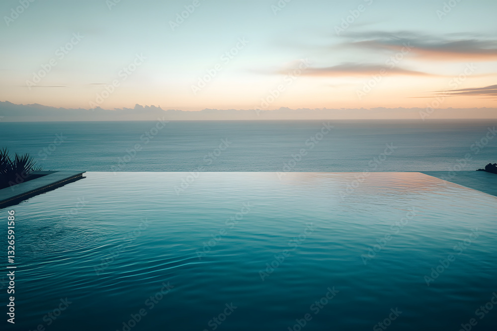 Fototapeta premium A high-angle shot of a luxury hotel infinity pool overlooking the ocean at sunset