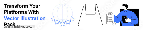 Globe surrounded by stars, reusable bag outline, person holding tablet and checklist. Ideal for eco-awareness, global connectivity, digital solutions, task management, e-commerce, reviews flat