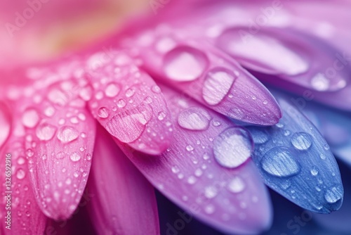Vibrant chrysanthemum petals glisten with dew after rain in a blossoming garden setting