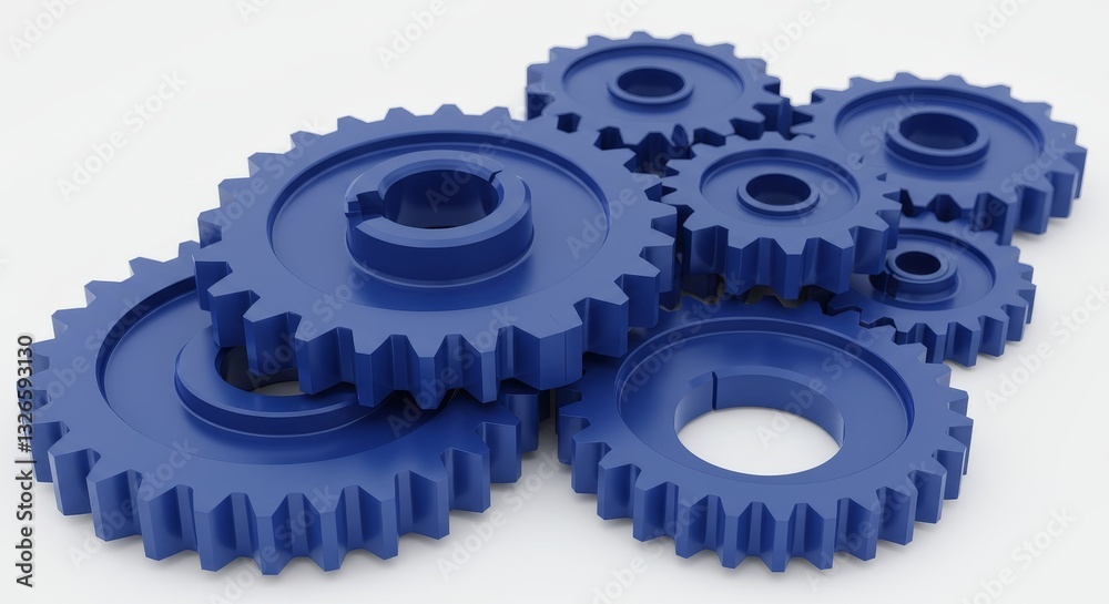 Blue Gears Interlocking Mechanism - Close-up shot of several blue metal gears interlocking, showcasing intricate mechanical details Blue Gears Interlocking Mechanism - Close-up shot of several blue metal gears interlocking, showcasing intricate mechanical details