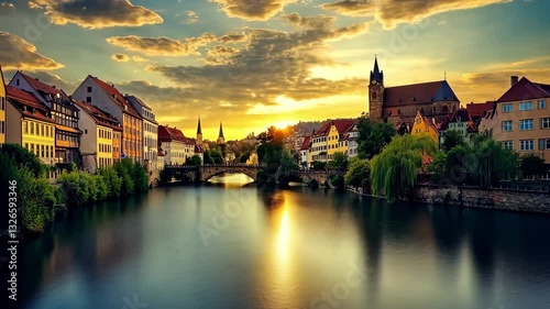 Picturesque Sunset Over Historic European Riverside Town with Medieval Architecture and Serene Reflections on the Water