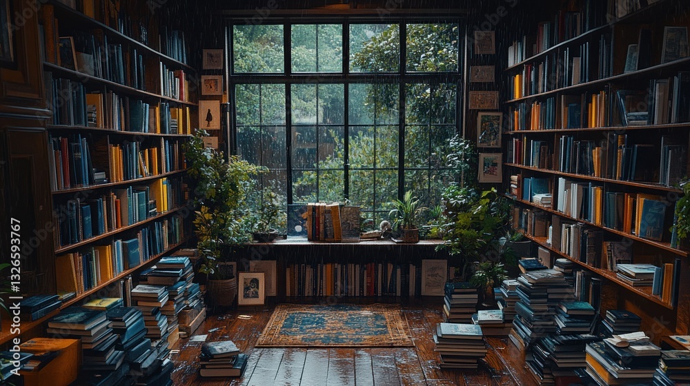 Fototapeta premium Rainy Day Reading Nook, Book-Lined Room