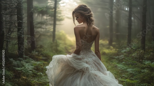 Wallpaper Mural A bride gracefully strolls through a misty forest wearing a delicate wedding gown. Sunlight beams through the trees, creating an ethereal atmosphere filled with romance and tranquility Torontodigital.ca