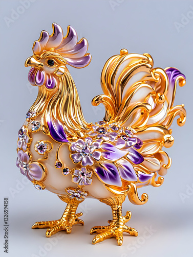 Ornate rooster figurine with gold accents, purple and cream details, and floral embellishments
