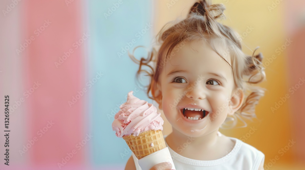 A young girl with curly blonde hair laughs as she eats a pink ice cream cone. A young girl with curly blonde hair laughs as she eats a pink ice cream cone.