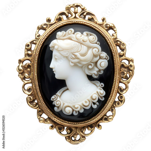 An Edwardian cameo brooch featuring a delicately carved ivory profile against a black onyx background, set in an ornate gold frame ? isolated on a white background.