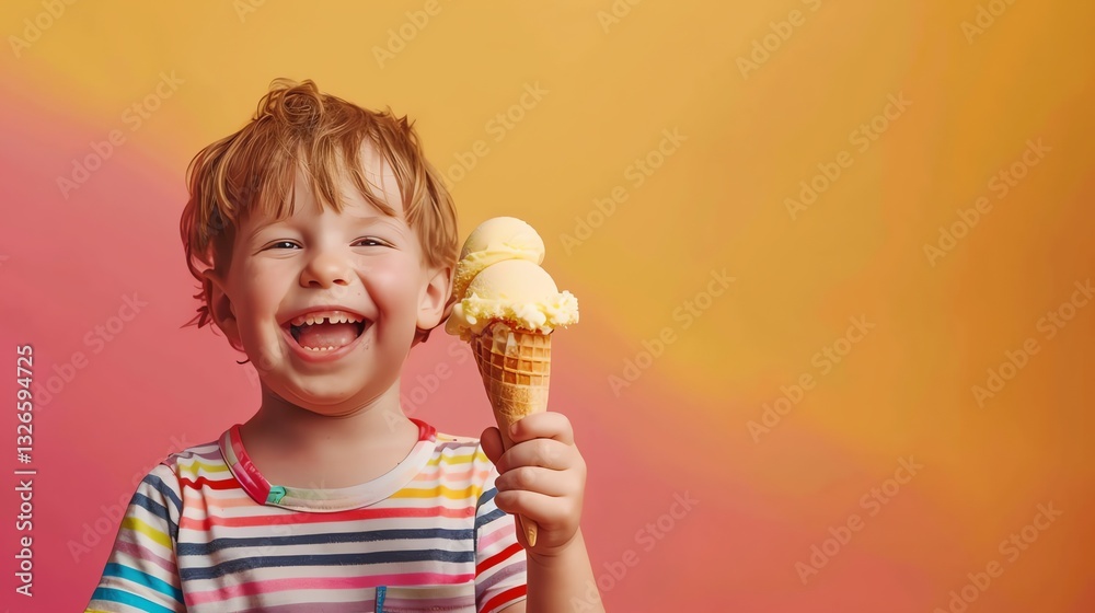 A young boy with curly hair laughs with delight while holding an ice cream cone, with a colorful background behind him. A young boy with curly hair laughs with delight while holding an ice cream cone, with a colorful background behind him.