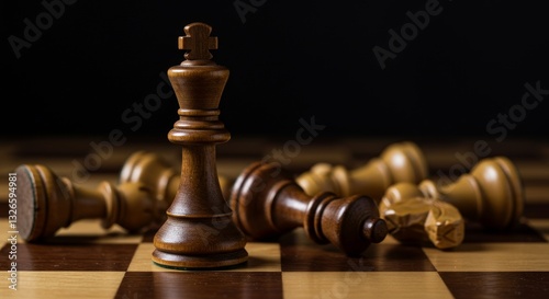 Close Up of Wooden Chess King and Defeated Pieces - Strategy, competition, victory, success, and triumph are symbolized in this close-up of a wooden chess set