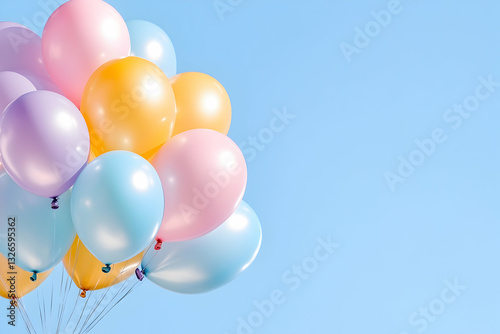 Pastel balloons cluster against a pale blue sky