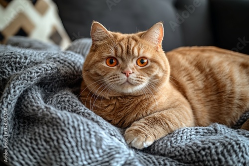 A beautiful orange cat resting on a comfortable knitted blanket