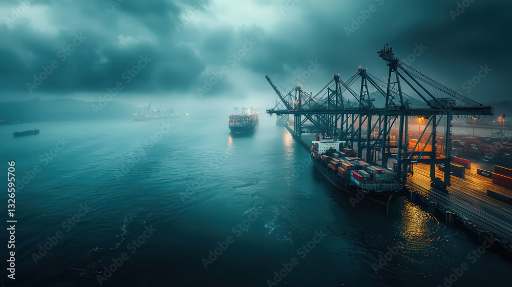 Obraz premium Futuristic port facility with cargo ships and cranes under cloudy skies. scene evokes sense of efficiency and modernity in maritime logistics