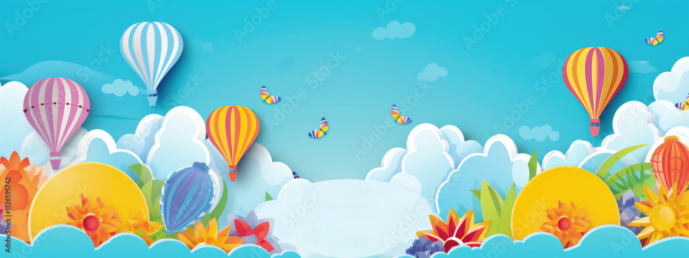 Naklejka premium Summer banner with bright blue sky, clouds and butterflies next to colorful balloons. Bright and cheerful design creates a festive atmosphere, Ideal choice for summer promotions and children's parties