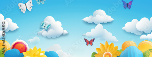 Summer banner with bright blue sky, clouds and butterflies next to colorful balloons. Bright and cheerful design creates a festive atmosphere, Ideal choice for summer promotions and children's parties