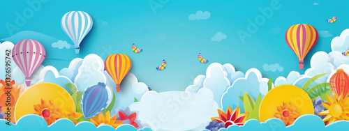 Summer banner with bright blue sky, clouds and butterflies next to colorful balloons. Bright and cheerful design creates a festive atmosphere, Ideal choice for summer promotions and children's parties