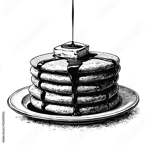  Vintage black and white pancake stack illustration.