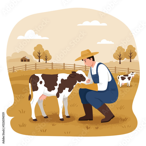 Farmer Caring for Young Calf in Pasture Illustration for Farm Life