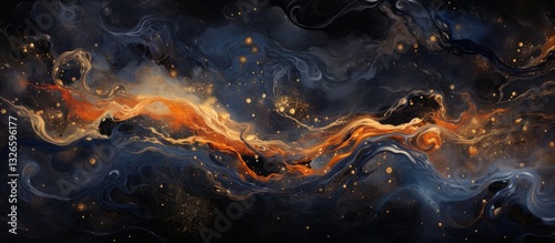 Dark blue orange grainy gradient background, blurry color flow with noise texture, wide banner size