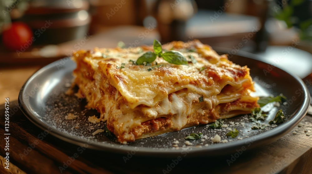 A plate of lasagna with melted cheese on top. A plate of lasagna with melted cheese on top.
