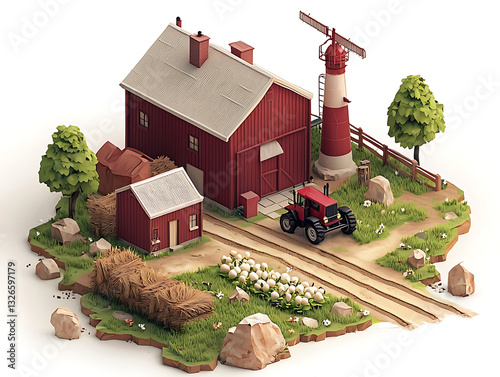 Isometric farm scene featuring a red barn outbuilding wind turbine tractor and hay bales on a patch of land.