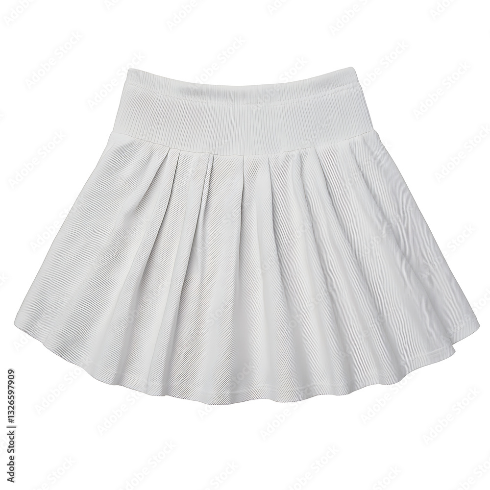 White pleated mini skirt with a ribbed waistband isolated on a white background. White pleated mini skirt with a ribbed waistband isolated on a white background.