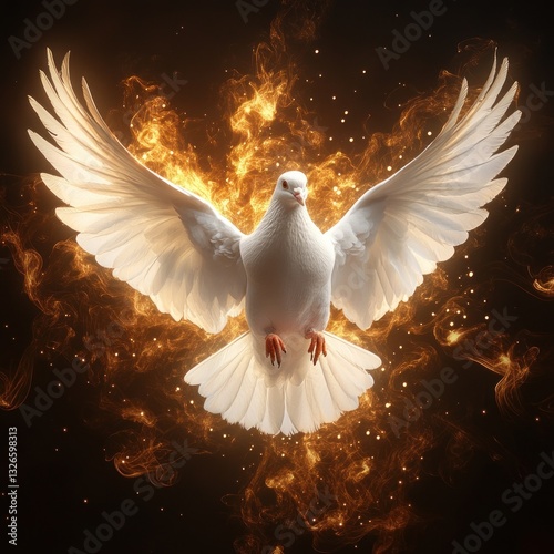 Majestic White Dove in Flight Surrounded by Golden Smoke Symbolizing Peace and Holy Spirit