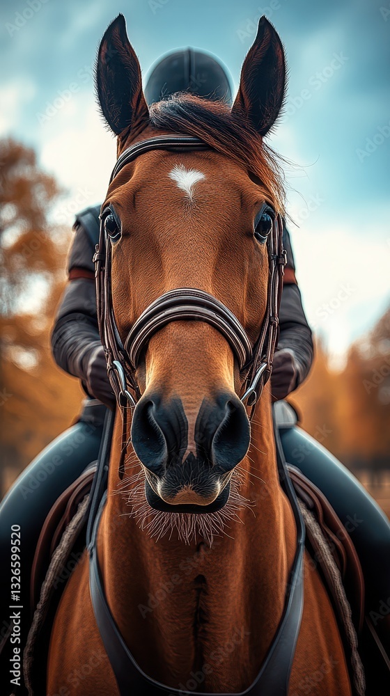 Obraz premium A rider is seated on a brown horse, with a focus on the horse's expressive face. The background features colorful autumn trees under a cloudy sky, creating a serene atmosphere