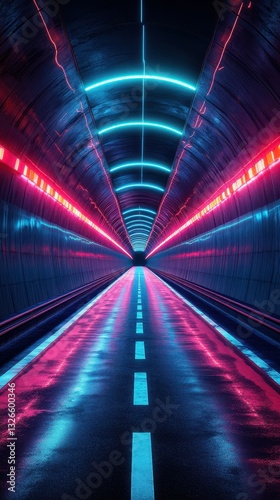 Colorful neon tunnel illuminated with bright lights reflecting on wet pavement at night