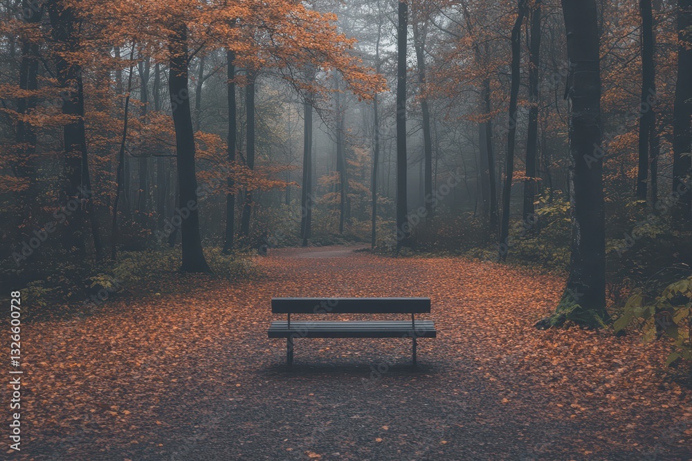 A solitary bench sits on a winding path in a tranquil forest. Surrounding trees are draped in vibrant autumn foliage, while a soft mist lingers in the cool evening air A solitary bench sits on a winding path in a tranquil forest. Surrounding trees are draped in vibrant autumn foliage, while a soft mist lingers in the cool evening air